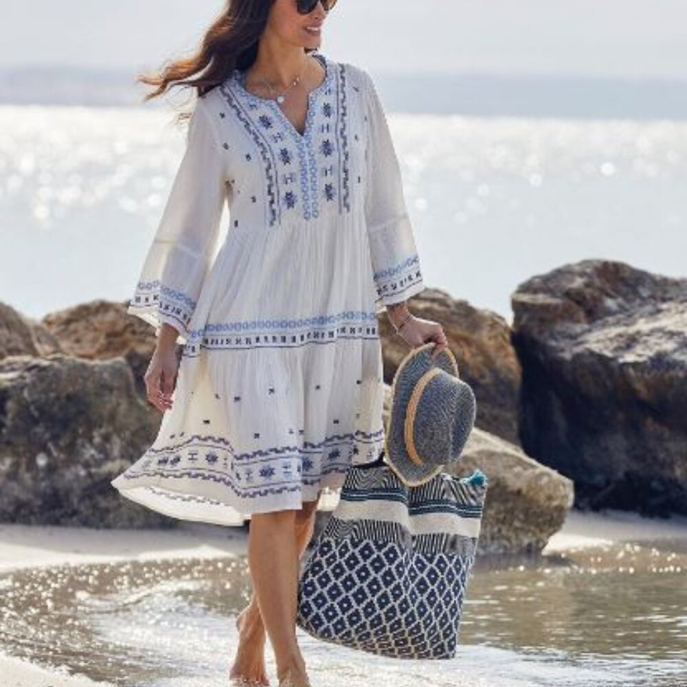 Fat Face Libby Embroidered Dress Cotton White Kaftan Flared Sleeves - Picture 3 of 4